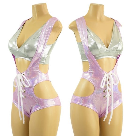 2PC Lace Up Hipnotic Suspender Shorts Romper & Starlette Bralette Set - Coquetry Clothing