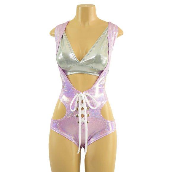 2PC Lace Up Hipnotic Suspender Shorts Romper & Starlette Bralette Set - Coquetry Clothing