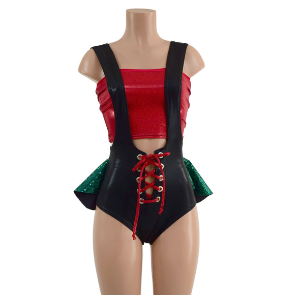 2PC Lace Up Suspender Romper with Ruffle Rump & Tube Top Set - Coquetry Clothing