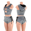 2PC Laceup Shorts & Crop Hoodie Set in Distortion Velvet - Coquetry Clothing