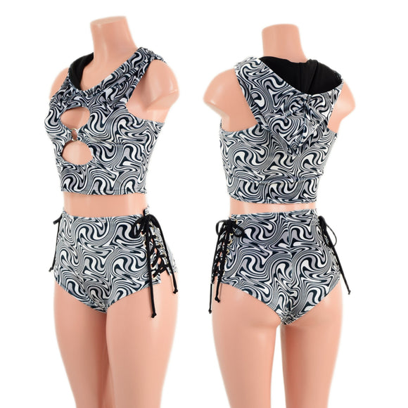 2PC Laceup Shorts & Crop Hoodie Set in Distortion Velvet - Coquetry Clothing