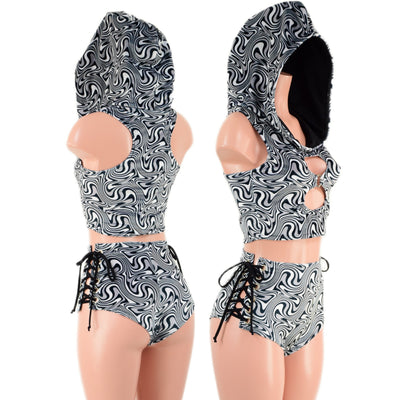 2PC Laceup Shorts & Crop Hoodie Set in Distortion Velvet - Coquetry Clothing