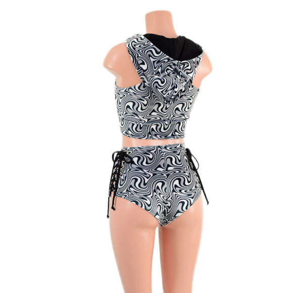 2PC Laceup Shorts & Crop Hoodie Set in Distortion Velvet - Coquetry Clothing