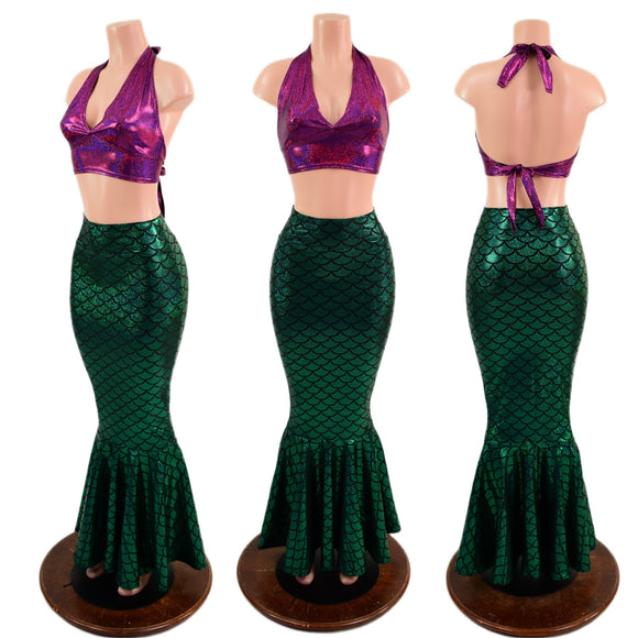 2PC Mermaid Skirt & Fuchsia Halter Set - Coquetry Clothing