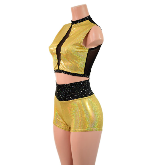 2PC Mesh Back Keyhole Crop Top and High Waist Shorts Set - Coquetry Clothing