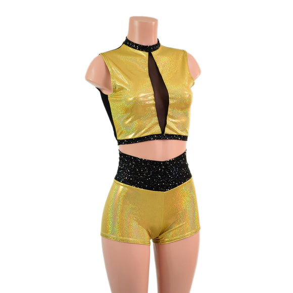 2PC Mesh Back Keyhole Crop Top and High Waist Shorts Set - Coquetry Clothing