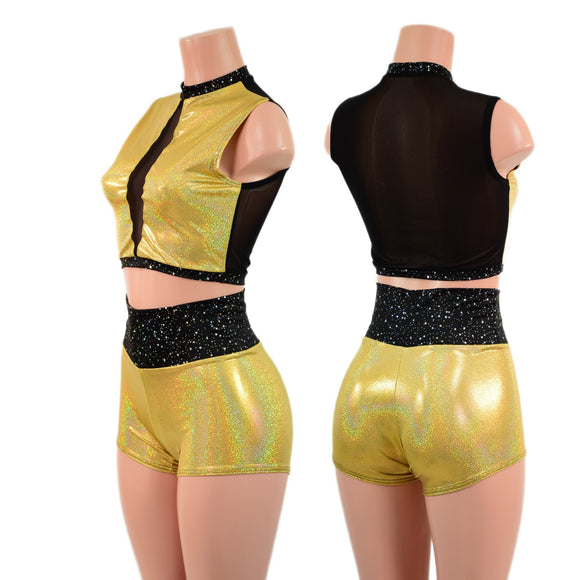 2PC Mesh Back Keyhole Crop Top and High Waist Shorts Set - Coquetry Clothing