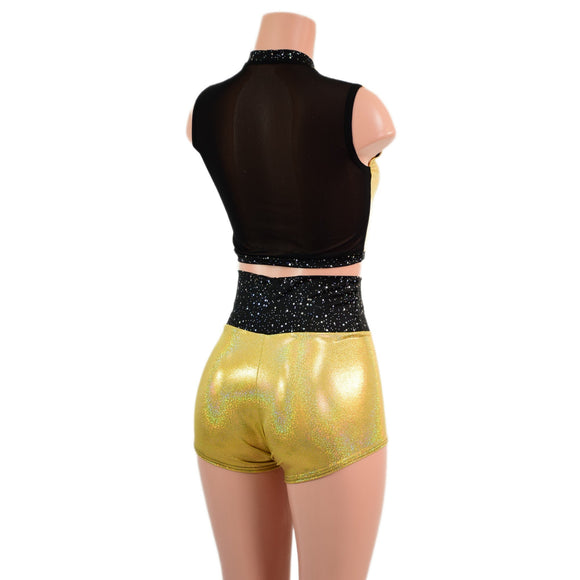 2PC Mesh Back Keyhole Crop Top and High Waist Shorts Set - Coquetry Clothing