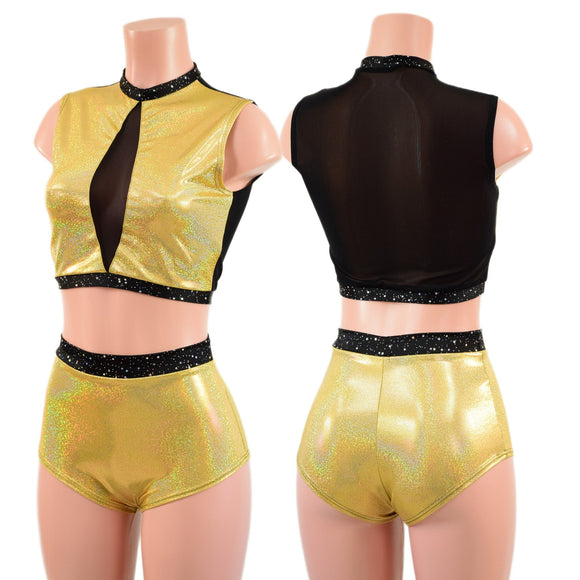 2PC Mesh Back Keyhole Crop Top and Siren Shorts Set - Coquetry Clothing