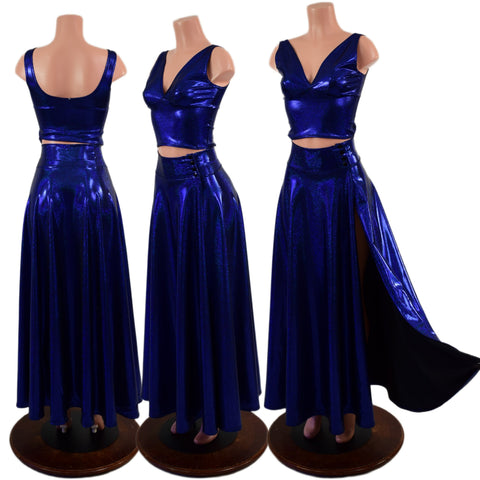 2PC Midi Starlette Bralette & Breakaway Maxi Skirt Set in Blue Sparkly Jewel - Coquetry Clothing