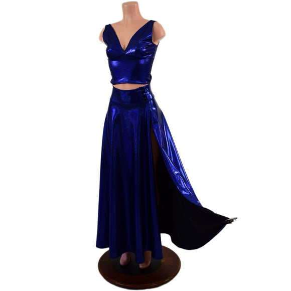 2PC Midi Starlette Bralette & Breakaway Maxi Skirt Set in Blue Sparkly Jewel - Coquetry Clothing