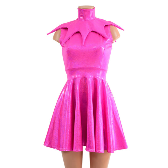 2PC Neon Pink Sleeveless Skater Dress with Elf Collar - Coquetry Clothing