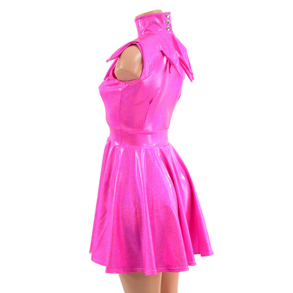 2PC Neon Pink Sleeveless Skater Dress with Elf Collar - Coquetry Clothing