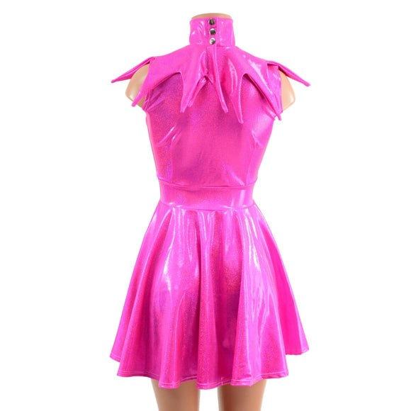 2PC Neon Pink Sleeveless Skater Dress with Elf Collar - Coquetry Clothing
