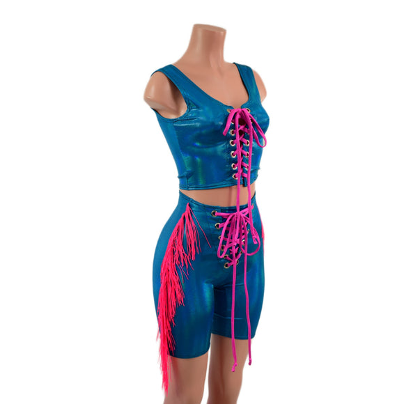 2pc Peacock Bike Shorts and Crop Tank with laceup fronts and fringe - Coquetry Clothing
