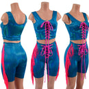 2pc Peacock Bike Shorts and Crop Tank with laceup fronts and fringe - Coquetry Clothing