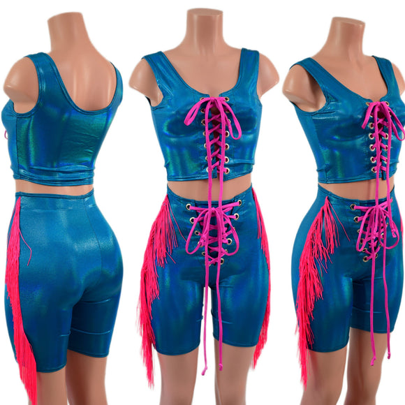 2pc Peacock Bike Shorts and Crop Tank with laceup fronts and fringe - Coquetry Clothing