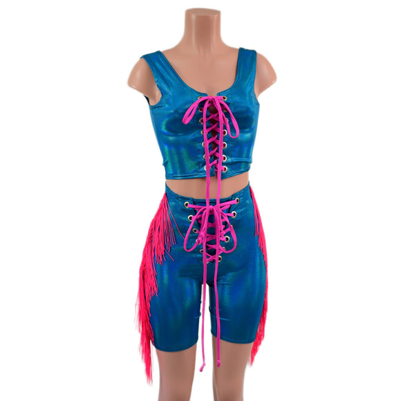 2pc Peacock Bike Shorts and Crop Tank with laceup fronts and fringe - Coquetry Clothing