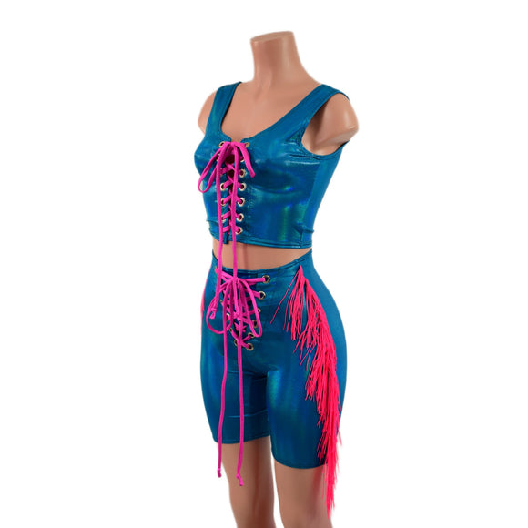 2pc Peacock Bike Shorts and Crop Tank with laceup fronts and fringe - Coquetry Clothing