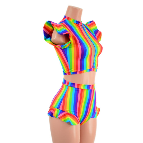 2PC Rainbow Stripe Keyhole Top and Siren Shorts Set - Coquetry Clothing