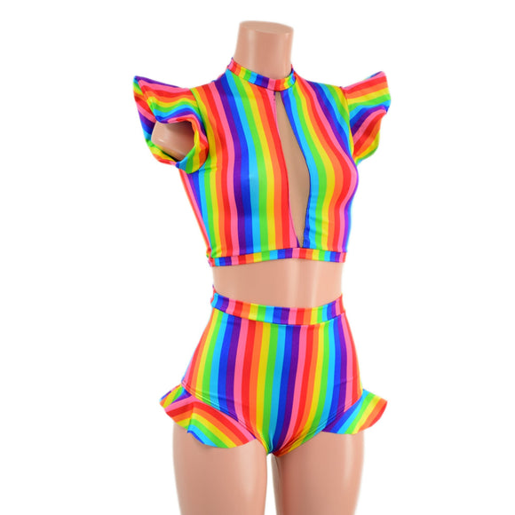 2PC Rainbow Stripe Keyhole Top and Siren Shorts Set - Coquetry Clothing