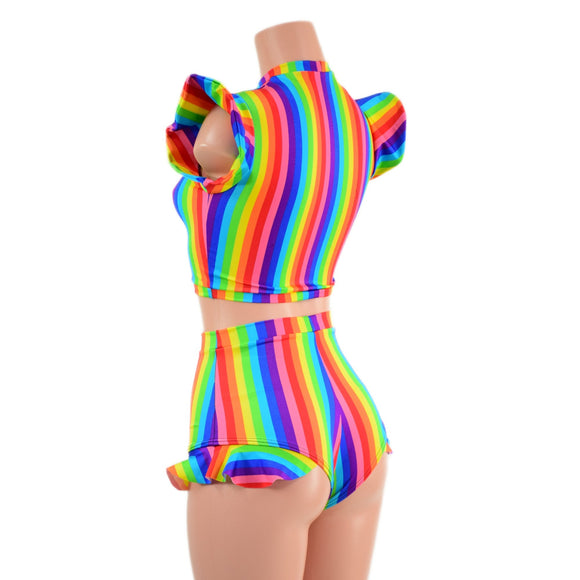 2PC Rainbow Stripe Keyhole Top and Siren Shorts Set - Coquetry Clothing