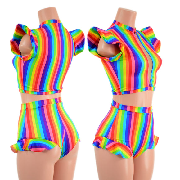 2PC Rainbow Stripe Keyhole Top and Siren Shorts Set - Coquetry Clothing