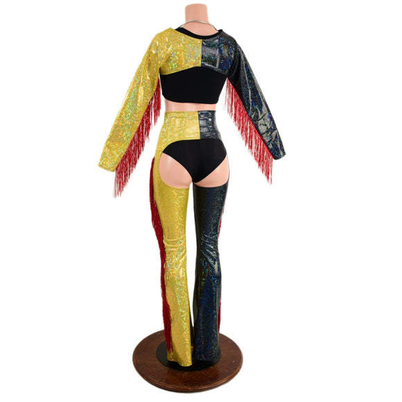 2PC Red, Black and Gold Fringe Bolero and Bootcut Chaps Set (Shorts and crop top sold separately) (Copy) - Coquetry Clothing