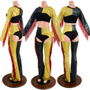 2PC Red, Black and Gold Fringe Bolero and Bootcut Chaps Set (Shorts and crop top sold separately) (Copy) - Coquetry Clothing