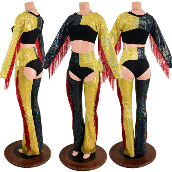 2PC Red, Black and Gold Fringe Bolero and Bootcut Chaps Set (Shorts and crop top sold separately) (Copy) - Coquetry Clothing
