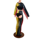 2PC Red, Black and Gold Fringe Bolero and Bootcut Chaps Set (Shorts and crop top sold separately) (Copy) - Coquetry Clothing