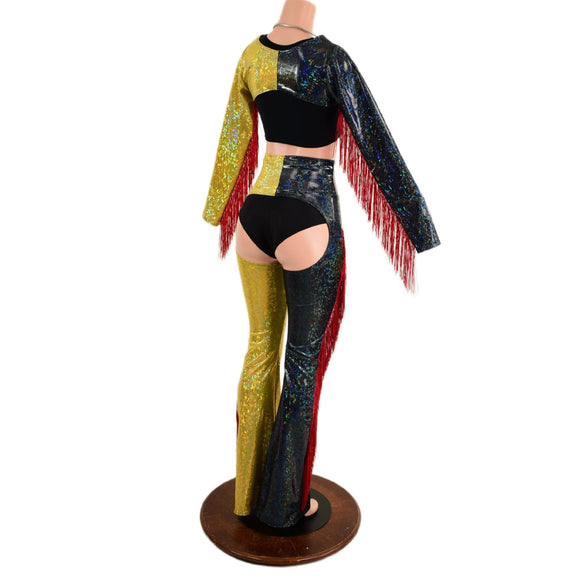 2PC Red, Black and Gold Fringe Bolero and Bootcut Chaps Set (Shorts and crop top sold separately) (Copy) - Coquetry Clothing