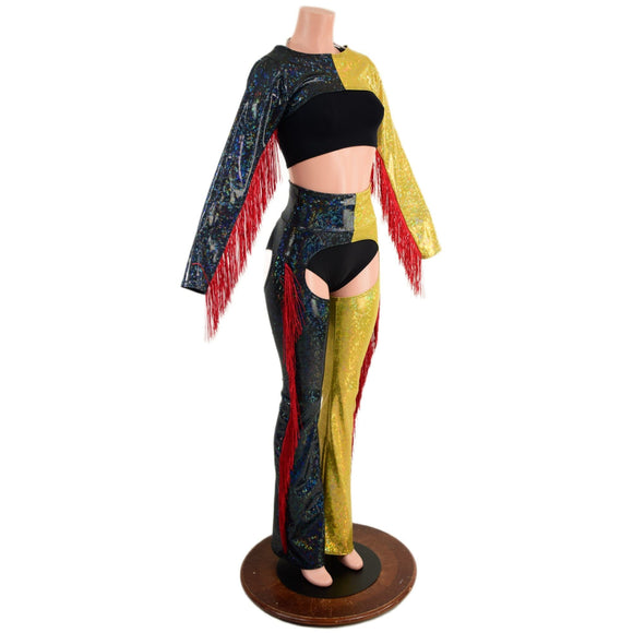 2PC Red, Black and Gold Fringe Bolero and Bootcut Chaps Set (Shorts and crop top sold separately) (Copy) - Coquetry Clothing