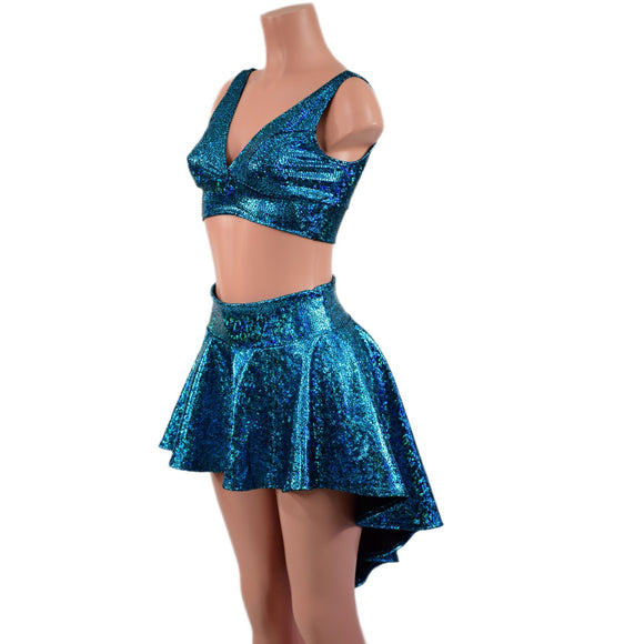 2PC Starlette Bralette and Hi Lo Skirt Set in Turquoise on Black Shattered Glass - Coquetry Clothing