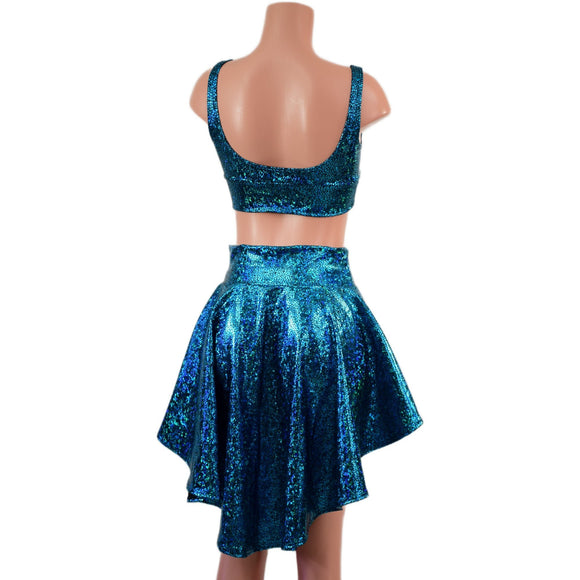 2PC Starlette Bralette and Hi Lo Skirt Set in Turquoise on Black Shattered Glass - Coquetry Clothing