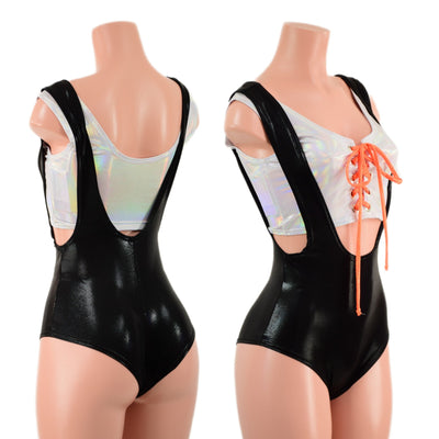 2PC Suspender Romper and Laceup Mini Crop Tank Set - Coquetry Clothing