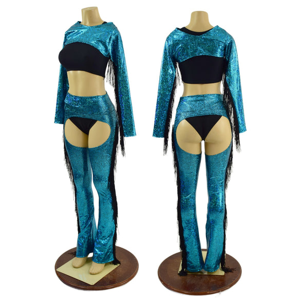 2PC Turquoise Fringe Bolero and Bootcut Chaps Set (Shorts and crop top sold separately) - Coquetry Clothing