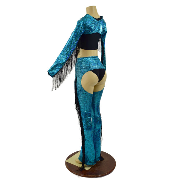 2PC Turquoise Fringe Bolero and Bootcut Chaps Set (Shorts and crop top sold separately) - Coquetry Clothing