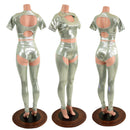 3PC Nirvana Top, Siren Shorts, and Midrise Chaps Set in Platinum - Coquetry Clothing