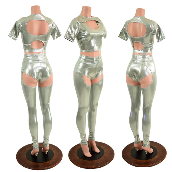 3PC Nirvana Top, Siren Shorts, and Midrise Chaps Set in Platinum - Coquetry Clothing