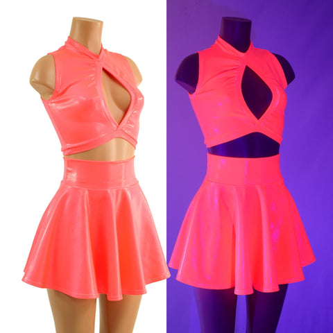 Ready to Ship Blazing Coral Keyhole Top and 15" Circle Cut Skirt Set XS - Coquetry Clothing