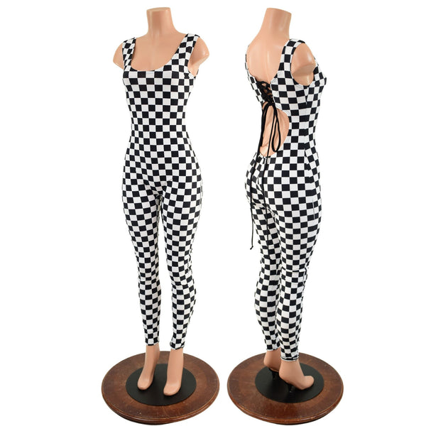 Strappy Back Tank Catsuit in Black and White Checkered - 2