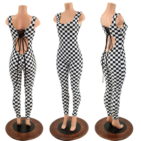 Strappy Back Tank Catsuit in Black and White Checkered - Coquetry Clothing