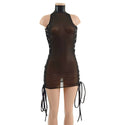 Black Mesh Backless Dress with Snap Back Collar and Laceup Sides - 4