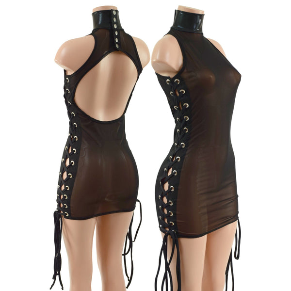 Black Mesh Backless Dress with Snap Back Collar and Laceup Sides - 3