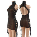 Black Mesh Backless Dress with Snap Back Collar and Laceup Sides - 1