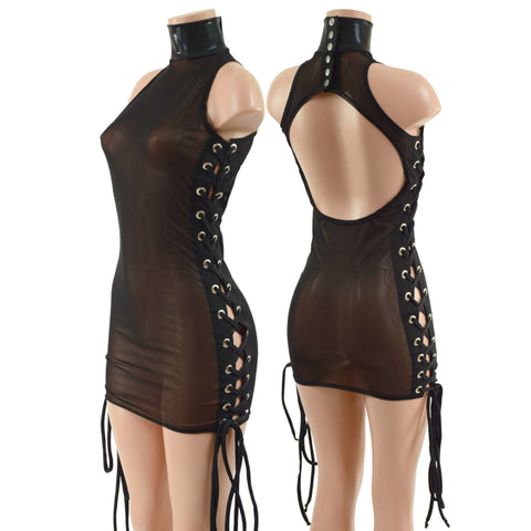 Black Mesh Backless Dress with Snap Back Collar and Laceup Sides - Coquetry Clothing