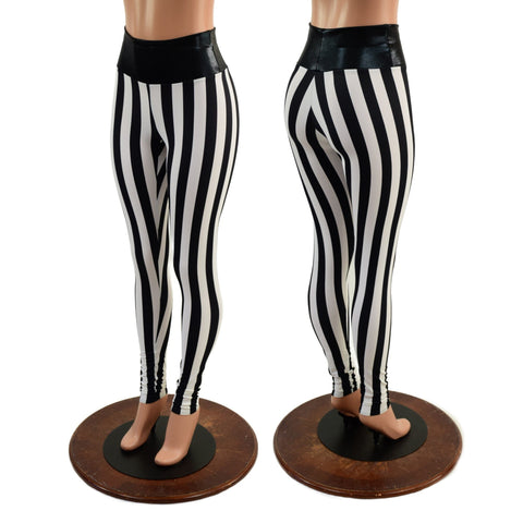 Black & White Striped Leggings with Black Mystique Waistband - Coquetry Clothing