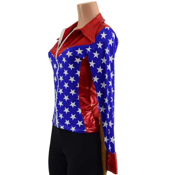 Red White and Blue Patriotic Rodeo Shirt with Fringe - 5