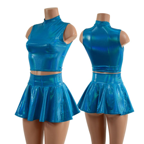 Peacock Blue Crop Top & Circle Cut Skirt Set - Coquetry Clothing